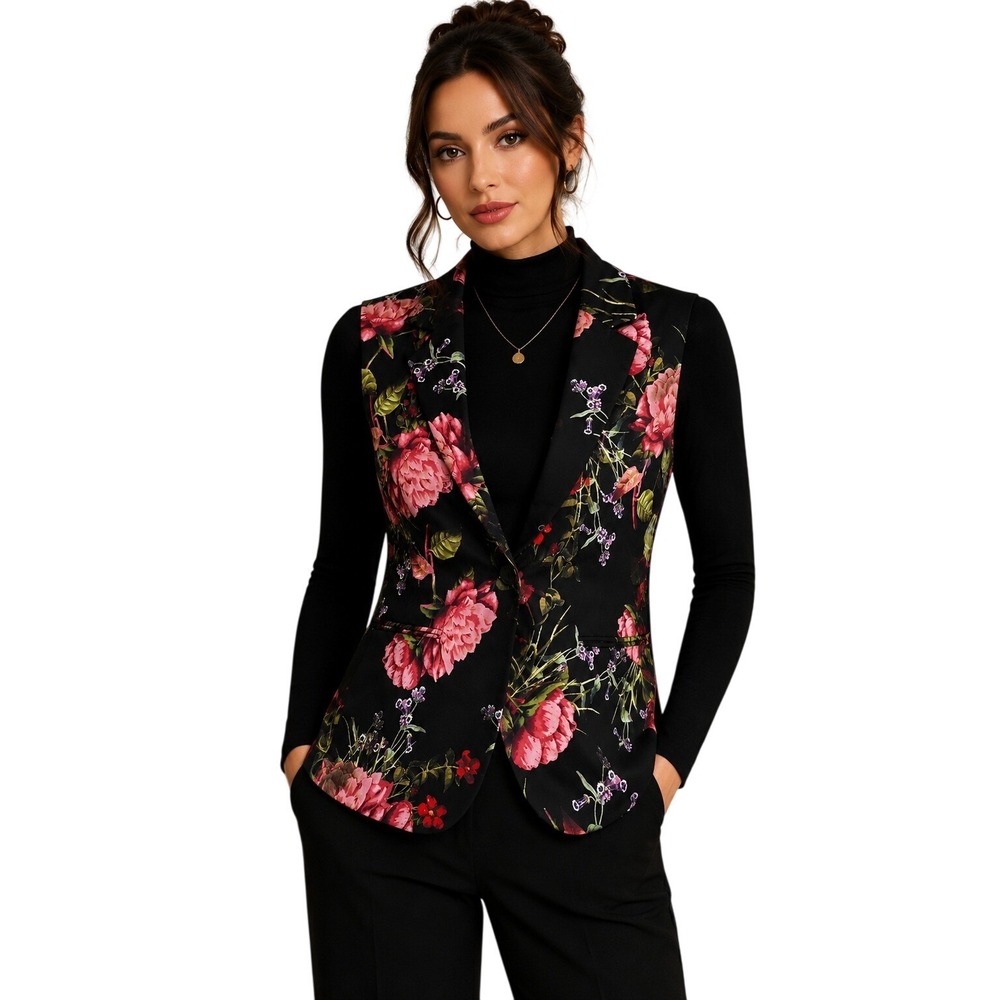 Michel Floral Vest Womens L Black Sleeveless Blazer Peplum Romantic Goth Office
